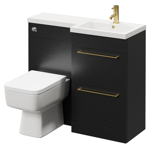 Napoli Combination Nero Oak 1000mm Vanity Unit Toilet Suite with Right Hand L Shaped 1 Tap Hole Basin and 2 Drawers with Brushed Brass Handles Right Hand Side View