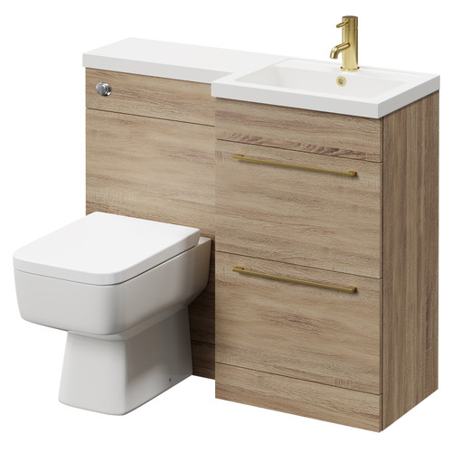 Napoli Combination Bordalino Oak 1000mm Vanity Unit Toilet Suite with Right Hand L Shaped 1 Tap Hole Basin and 2 Drawers with Brushed Brass Handles Right Hand Side View
