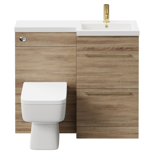 Napoli Combination Bordalino Oak 1000mm Vanity Unit Toilet Suite with Right Hand L Shaped 1 Tap Hole Basin and 2 Drawers with Brushed Brass Handles Front View