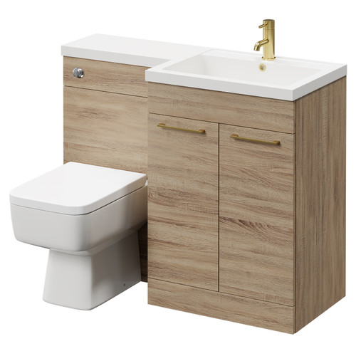 Napoli Combination Bordalino Oak 1100mm Vanity Unit Toilet Suite with Right Hand L Shaped 1 Tap Hole Basin and 2 Doors with Brushed Brass Handles Right Hand Side View