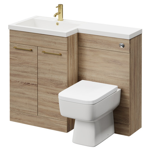 Napoli Combination Bordalino Oak 1100mm Vanity Unit Toilet Suite with Left Hand L Shaped 1 Tap Hole Basin and 2 Doors with Brushed Brass Handles Right Hand Side View