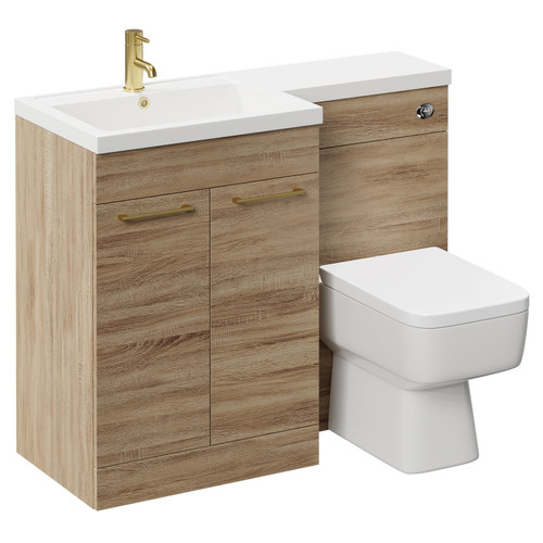 Napoli Combination Bordalino Oak 1100mm Vanity Unit Toilet Suite with Left Hand L Shaped 1 Tap Hole Basin and 2 Doors with Brushed Brass Handles Left Hand Side View