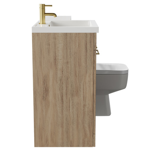 Napoli Combination Bordalino Oak 1100mm Vanity Unit Toilet Suite with Left Hand L Shaped 1 Tap Hole Basin and 2 Doors with Brushed Brass Handles Side on View