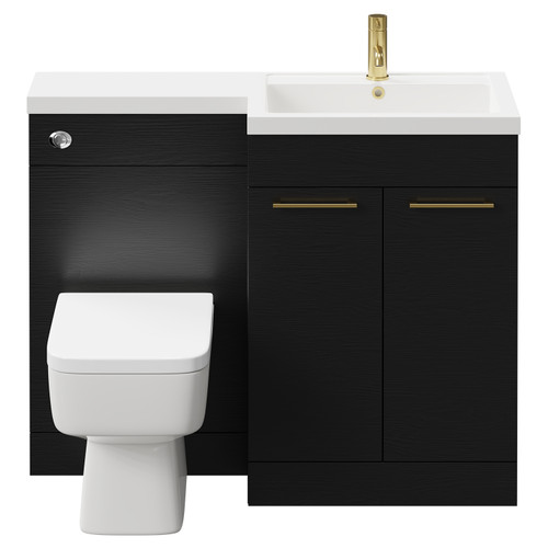 Napoli Combination Nero Oak 1100mm Vanity Unit Toilet Suite with Right Hand L Shaped 1 Tap Hole Basin and 2 Doors with Brushed Brass Handles Front View