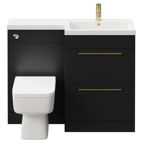 Napoli Combination Nero Oak 1100mm Vanity Unit Toilet Suite with Right Hand L Shaped 1 Tap Hole Basin and 2 Drawers with Brushed Brass Handles Front View