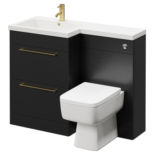 Napoli Combination Nero Oak 1100mm Vanity Unit Toilet Suite with Left Hand L Shaped 1 Tap Hole Basin and 2 Drawers with Brushed Brass Handles Right Hand Side View