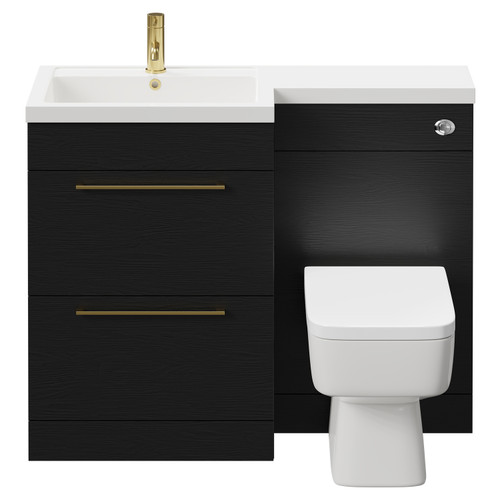 Napoli Combination Nero Oak 1100mm Vanity Unit Toilet Suite with Left Hand L Shaped 1 Tap Hole Basin and 2 Drawers with Brushed Brass Handles Front View
