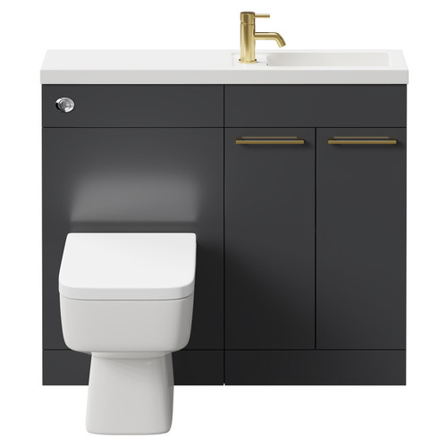 Napoli Combination Gloss Grey 1000mm Vanity Unit Toilet Suite with Slimline 1 Tap Hole Basin and 2 Doors with Brushed Brass Handles Front View