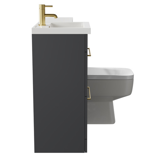 Napoli Combination Gloss Grey 1000mm Vanity Unit Toilet Suite with Left Hand L Shaped 1 Tap Hole Basin and 2 Drawers with Brushed Brass Handles Side on View