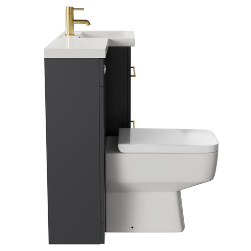 Napoli Combination Gloss Grey 1000mm Vanity Unit Toilet Suite with Right Hand L Shaped 1 Tap Hole Basin and 2 Drawers with Brushed Brass Handles Side on View