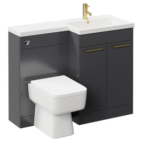 Napoli Combination Gloss Grey 1100mm Vanity Unit Toilet Suite with Right Hand L Shaped 1 Tap Hole Basin and 2 Doors with Brushed Brass Handles Left Hand Side View