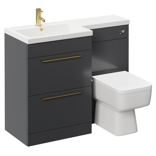 Napoli Combination Gloss Grey 1100mm Vanity Unit Toilet Suite with Left Hand L Shaped 1 Tap Hole Basin and 2 Drawers with Brushed Brass Handles Left Hand Side View