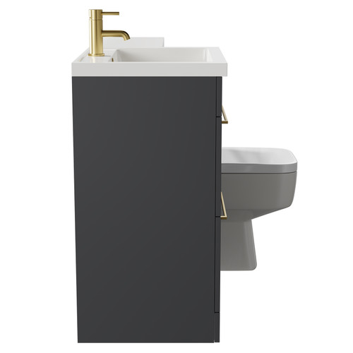 Napoli Combination Gloss Grey 1100mm Vanity Unit Toilet Suite with Left Hand L Shaped 1 Tap Hole Basin and 2 Drawers with Brushed Brass Handles Side on View