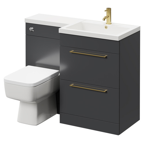Napoli Combination Gloss Grey 1100mm Vanity Unit Toilet Suite with Right Hand L Shaped 1 Tap Hole Basin and 2 Drawers with Brushed Brass Handles Right Hand Side View