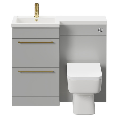 Napoli Combination Gloss Grey Pearl 1000mm Vanity Unit Toilet Suite with Left Hand L Shaped 1 Tap Hole Basin and 2 Drawers with Brushed Brass Handles Front View