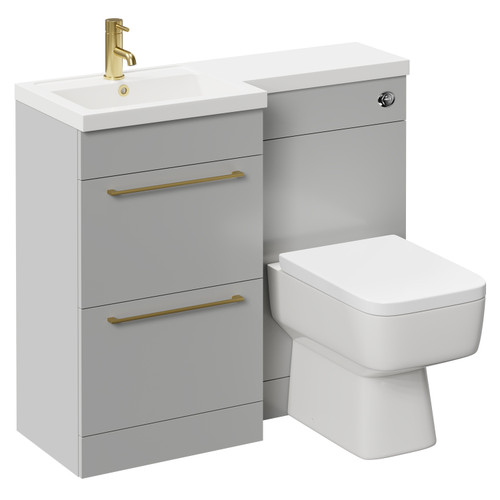 Napoli Combination Gloss Grey Pearl 1000mm Vanity Unit Toilet Suite with Left Hand L Shaped 1 Tap Hole Basin and 2 Drawers with Brushed Brass Handles Left Hand Side View