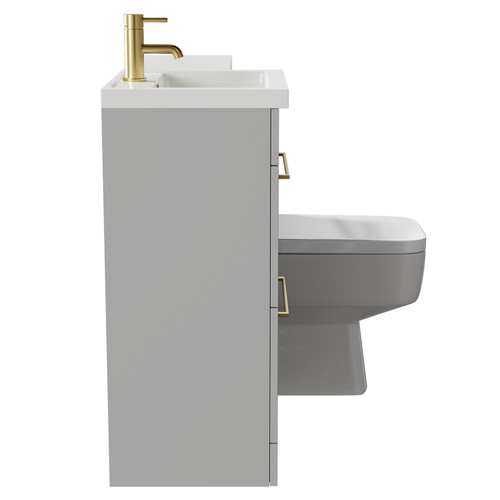 Napoli Combination Gloss Grey Pearl 1000mm Vanity Unit Toilet Suite with Left Hand L Shaped 1 Tap Hole Basin and 2 Drawers with Brushed Brass Handles Side on View