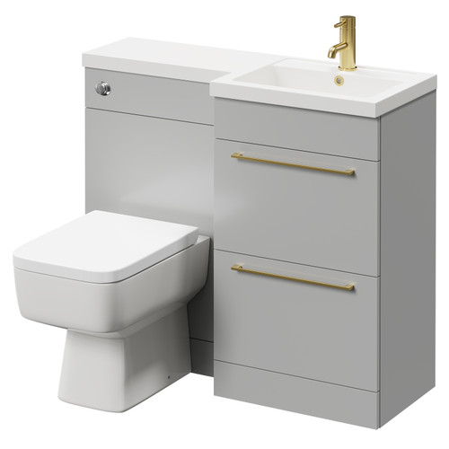 Napoli Combination Gloss Grey Pearl 1000mm Vanity Unit Toilet Suite with Right Hand L Shaped 1 Tap Hole Basin and 2 Drawers with Brushed Brass Handles Right Hand Side View