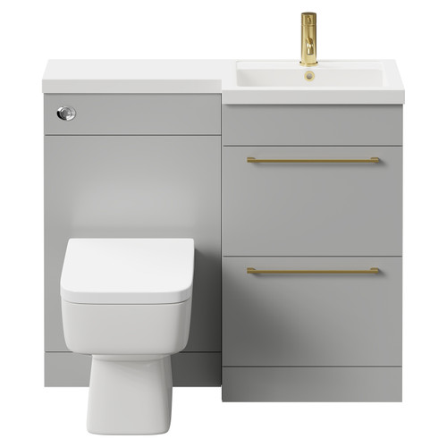 Napoli Combination Gloss Grey Pearl 1000mm Vanity Unit Toilet Suite with Right Hand L Shaped 1 Tap Hole Basin and 2 Drawers with Brushed Brass Handles Front View