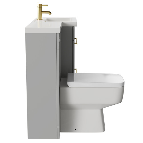 Napoli Combination Gloss Grey Pearl 1000mm Vanity Unit Toilet Suite with Right Hand L Shaped 1 Tap Hole Basin and 2 Drawers with Brushed Brass Handles Side on View