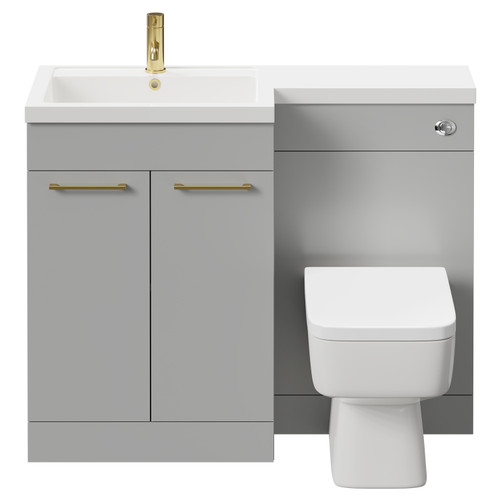 Napoli Combination Gloss Grey Pearl 1100mm Vanity Unit Toilet Suite with Left Hand L Shaped 1 Tap Hole Basin and 2 Doors with Brushed Brass Handles Front View