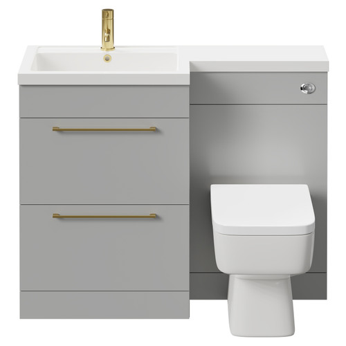 Napoli Combination Gloss Grey Pearl 1100mm Vanity Unit Toilet Suite with Left Hand L Shaped 1 Tap Hole Basin and 2 Drawers with Brushed Brass Handles Front View