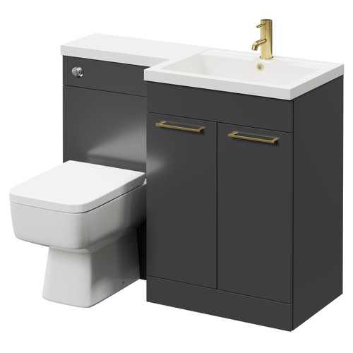 Napoli Combination Gloss Grey Pearl 1100mm Vanity Unit Toilet Suite with Right Hand L Shaped 1 Tap Hole Basin and 2 Doors with Brushed Brass Handles Right Hand Side View