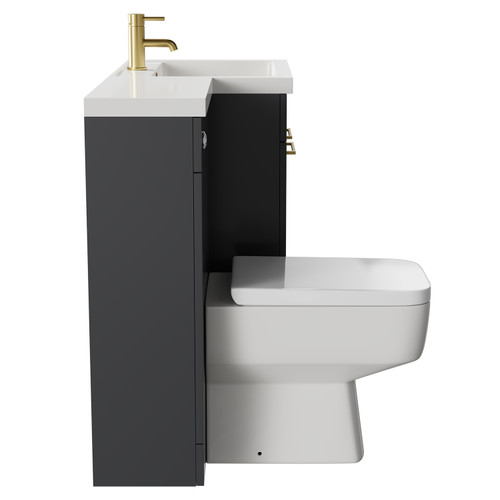 Napoli Combination Gloss Grey Pearl 1100mm Vanity Unit Toilet Suite with Right Hand L Shaped 1 Tap Hole Basin and 2 Doors with Brushed Brass Handles Side on View