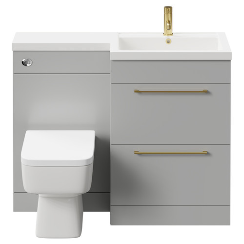 Napoli Combination Gloss Grey Pearl 1100mm Vanity Unit Toilet Suite with Right Hand L Shaped 1 Tap Hole Basin and 2 Drawers with Brushed Brass Handles Front View