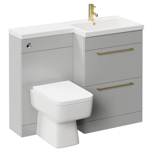 Napoli Combination Gloss Grey Pearl 1100mm Vanity Unit Toilet Suite with Right Hand L Shaped 1 Tap Hole Basin and 2 Drawers with Brushed Brass Handles Left Hand Side View