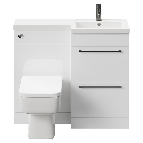 Napoli Combination Gloss White 1000mm Vanity Unit Toilet Suite with Right Hand L Shaped 1 Tap Hole Basin and 2 Drawers with Gunmetal Grey Handles Front View