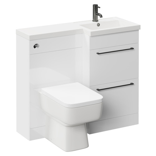 Napoli Combination Gloss White 1000mm Vanity Unit Toilet Suite with Right Hand L Shaped 1 Tap Hole Basin and 2 Drawers with Gunmetal Grey Handles Left Hand Side View