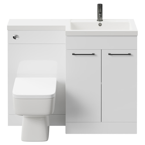 Napoli Combination Gloss White 1100mm Vanity Unit Toilet Suite with Right Hand L Shaped 1 Tap Hole Basin and 2 Doors with Gunmetal Grey Handles Front View