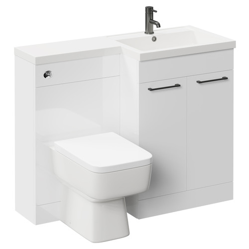 Napoli Combination Gloss White 1100mm Vanity Unit Toilet Suite with Right Hand L Shaped 1 Tap Hole Basin and 2 Doors with Gunmetal Grey Handles Left Hand Side View