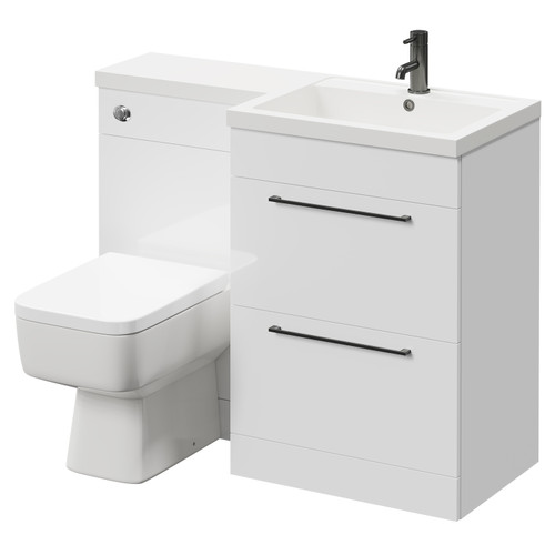 Napoli Combination Gloss White 1100mm Vanity Unit Toilet Suite with Right Hand L Shaped 1 Tap Hole Basin and 2 Drawers with Gunmetal Grey Handles Right Hand Side View