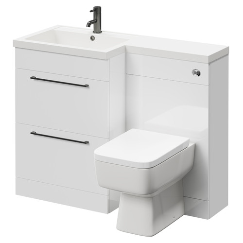 Napoli Combination Gloss White 1100mm Vanity Unit Toilet Suite with Left Hand L Shaped 1 Tap Hole Basin and 2 Drawers with Gunmetal Grey Handles Right Hand Side View