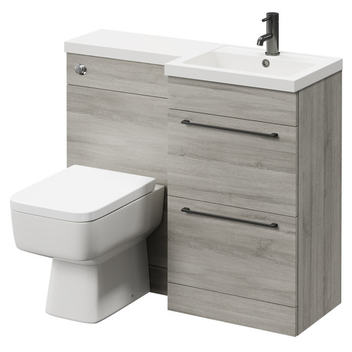 Napoli Combination Molina Ash 1000mm Vanity Unit Toilet Suite with Right Hand L Shaped 1 Tap Hole Basin and 2 Drawers with Gunmetal Grey Handles Right Hand Side View