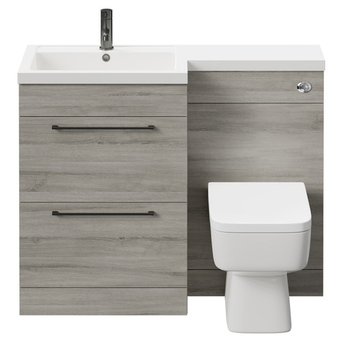 Napoli Combination Molina Ash 1100mm Vanity Unit Toilet Suite with Left Hand L Shaped 1 Tap Hole Basin and 2 Drawers with Gunmetal Grey Handles Front View