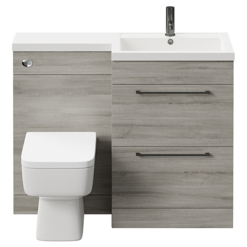Napoli Combination Molina Ash 1100mm Vanity Unit Toilet Suite with Right Hand L Shaped 1 Tap Hole Basin and 2 Drawers with Gunmetal Grey Handles Front View