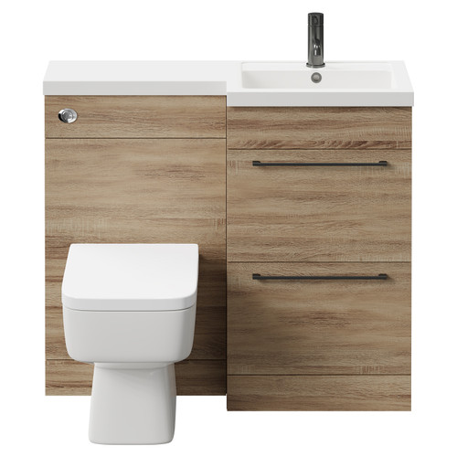 Napoli Combination Bordalino Oak 1000mm Vanity Unit Toilet Suite with Right Hand L Shaped 1 Tap Hole Basin and 2 Drawers with Gunmetal Grey Handles Front View