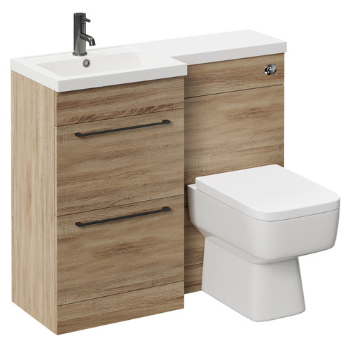 Napoli Combination Bordalino Oak 1000mm Vanity Unit Toilet Suite with Left Hand L Shaped 1 Tap Hole Basin and 2 Drawers with Gunmetal Grey Handles Left Hand Side View