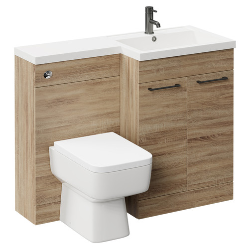 Napoli Combination Bordalino Oak 1100mm Vanity Unit Toilet Suite with Right Hand L Shaped 1 Tap Hole Basin and 2 Doors with Gunmetal Grey Handles Left Hand View