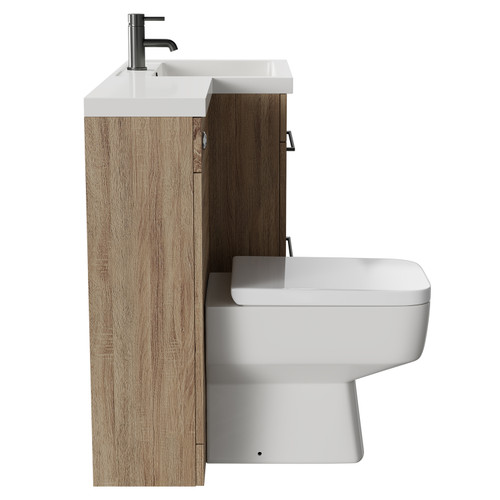 Napoli Combination Bordalino Oak 1100mm Vanity Unit Toilet Suite with Right Hand L Shaped 1 Tap Hole Basin and 2 Drawers with Gunmetal Grey Handles Side on View