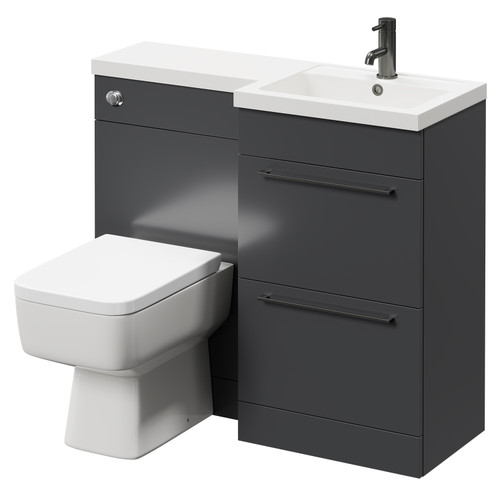 Napoli Combination Gloss Grey 1000mm Vanity Unit Toilet Suite with Right Hand L Shaped 1 Tap Hole Basin and 2 Drawers with Gunmetal Grey Handles Right Hand Side View