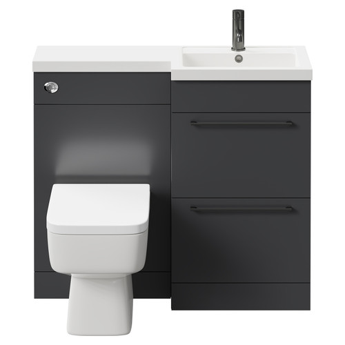 Napoli Combination Gloss Grey 1000mm Vanity Unit Toilet Suite with Right Hand L Shaped 1 Tap Hole Basin and 2 Drawers with Gunmetal Grey Handles Front View