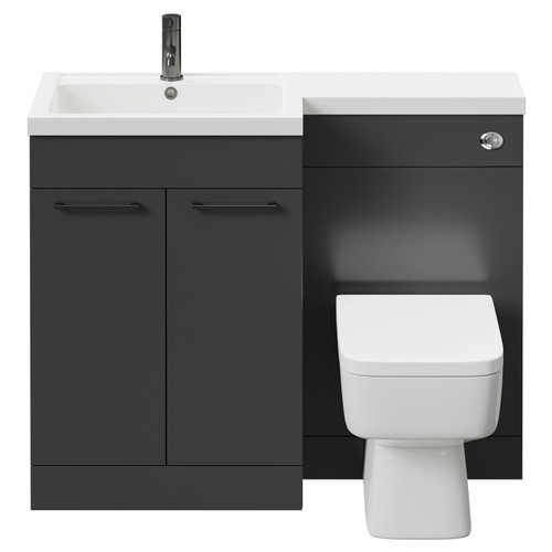 Napoli Combination Gloss Grey 1100mm Vanity Unit Toilet Suite with Left Hand L Shaped 1 Tap Hole Basin and 2 Doors with Gunmetal Grey Handles Front View