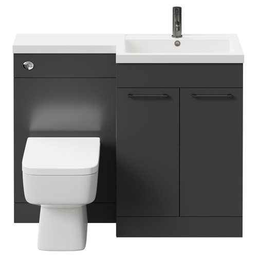 Napoli Combination Gloss Grey 1100mm Vanity Unit Toilet Suite with Right Hand L Shaped 1 Tap Hole Basin and 2 Doors with Gunmetal Grey Handles Front View