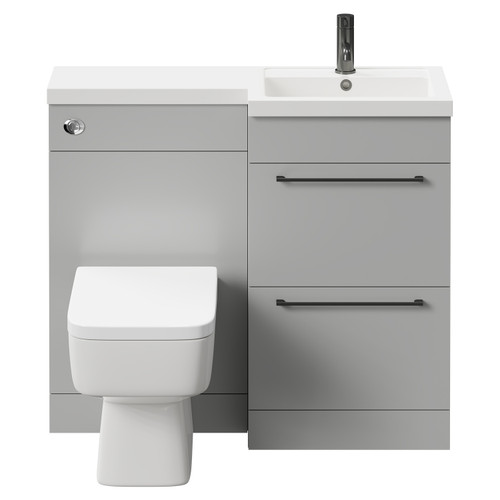 Napoli Combination Gloss Grey Pearl 1000mm Vanity Unit Toilet Suite with Right Hand L Shaped 1 Tap Hole Basin and 2 Drawers with Gunmetal Grey Handles Front View