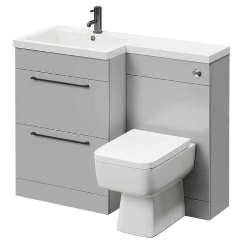 Napoli Combination Gloss Grey Pearl 1100mm Vanity Unit Toilet Suite with Left Hand L Shaped 1 Tap Hole Basin and 2 Drawers with Gunmetal Grey Handles Right Hand Side View