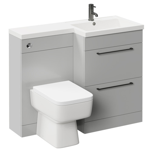 Napoli Combination Gloss Grey Pearl 1100mm Vanity Unit Toilet Suite with Right Hand L Shaped 1 Tap Hole Basin and 2 Drawers with Gunmetal Grey Handles Left Hand Side View